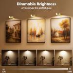 3Pcs Battery Operated Picture Light, Magnetic Led Painting Light with Remote Dimmable and Timer, 3 Lighting Modes Art Display Light for Picture Frame Paintings, Wireless Wall Decor Puck Lights, Gold