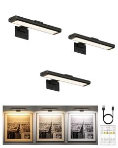 EZVALO Picture Light for Wall, Rechargeable 2400mAh Battery Lights Wireless with IR Remote, 3 Color & Dimmable Magnetic 7.8'' LED Lights Display for Painting, Living Room, Gallery, Bedroom(Black-3P)
