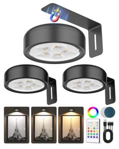 3 Pack Picture Lights for Wall,Wireless 2000mAh Rechargeable Magnetic LED Puck Lights with Remote,3 Color Temps and 12 RGB,Dimming & Timer,Art Frame Light for Painting Display,Photos,Wall Decor