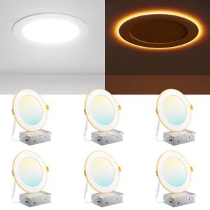 Amico 6 Pack 6 Inch 5CCT LED Recessed Ceiling Light with Night Light, 2700K/3000K/3500K/4000K/5000K Selectable Ultra-Thin Recessed Lighting, 12W=110W, 1100LM, Dimmable Canless Wafer Downlight ETL&FCC