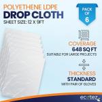 Ecotez 6 Pack 12 x 9 ft Extra Large Plastic Drop Cloth for Painting - Light & Durable Tarp Cover for Furniture - Plastic Clear Tarp Waterproof - Paint Floor Covering - Painters Drop Cloth Sheeting