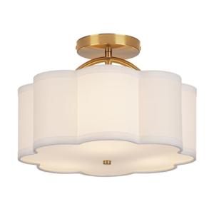 CALOKES Semi Flush Mount Ceiling Light, 11.8" Modern 3-Light Fixture with Petal-Shaped Cream White Fabric Shade and Golden Support Arm, Ideal for Bedroom, Kitchen, Living Room, Hallway, and Entryway