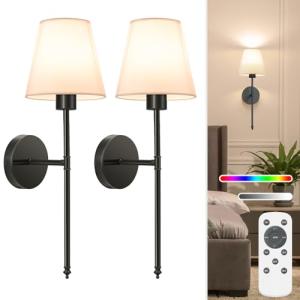 NIORSUN Battery Operated Wall Sconce Set of Two, Black Rechargeable Wall Sconces with Dimmable Detachable Bulbs and Remote, Wireless Wall Lights for Bedroom Living Room Hallway Home Decor