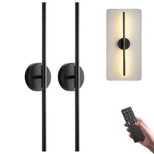 Battery Operated Wall Sconces Set of 2, Modern Wireless Wall Lights with Remote & Touch Control, 24 Inch Black Dimmable Rechargeable LED Sconce with 3 Colors & Timer for Bedroom, Living Room, Hallway