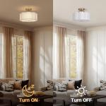 CALOKES Semi Flush Mount Ceiling Light, 11.8" Modern 3-Light Fixture with Petal-Shaped Cream White Fabric Shade and Golden Support Arm, Ideal for Bedroom, Kitchen, Living Room, Hallway, and Entryway