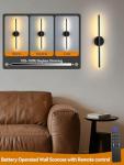 Battery Operated Wall Sconces Set of 2, Modern Wireless Wall Lights with Remote & Touch Control, 24 Inch Black Dimmable Rechargeable LED Sconce with 3 Colors & Timer for Bedroom, Living Room, Hallway