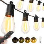 Outdoor String Lights Patio LED - Light Outside 50Ft 15M Waterproof Remote Dimmable S14 Porch Lighting Edison Plastic Bulb Pergola Hanging Balcony Connectable Backyard Yard Gazebo Party Garden Bistro