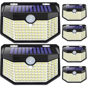 HMCITY 120 LED Outdoor Solar Lights with Motion Sensor and 3 Lighting Modes, IP65 Waterproof Wide Solar Wall Lights Ideal for Garden Patio Yard (Front Button 6Packs, Black Shell-Daylight White)