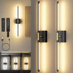 Battery Operated Wall Sconces Set of Two, 10000mAh Rechargeable Wall Lights with Remote Control, 360° Rotate Dimmable Black Gold LED Cordless Lighting for Bedroom, Living Room, Hallway, 29 Inch, 3CCT