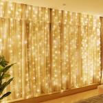 HXWEIYE 300LED Fairy Curtain Lights, 9.8x9.8Ft USB Plug-in 8 Modes Christmas String Hanging Lights with Remote for Bedroom Backdrop Wedding Indoor Wall Decor, Warm White, Standard – 1 Pack