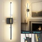 Battery Operated Wall Sconces Set of Two, 10000mAh Rechargeable Wall Lights with Remote Control, 360° Rotate Dimmable Black Gold LED Cordless Lighting for Bedroom, Living Room, Hallway, 29 Inch, 3CCT