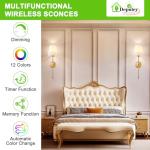 Depuley Battery Operated Wall Sconce: Set of 2 Wireless Wall Lights with 10000mAh Dimmable Bulbs and Remote for Bedroom - Rechargeable 15 Colors Gold Wall Lamp for Living Room Hallway