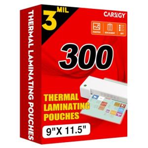 CAREGY Thermal Laminating Pouches, 300 Pack Laminating Sheets, 3 Mil, 9 x 11.5 Inches Lamination Sheet Paper for Laminator, Clear, Letter Size, Office and School Supplies