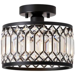 Pevfah Crystal Black Ceiling Light, Modern Semi Flush Mount Ceiling Lighting Fixture, Round Hallway Lighting Fixtures for Kitchen Entryway Bedroom Laundry Room, 1-Light, 9 Inch