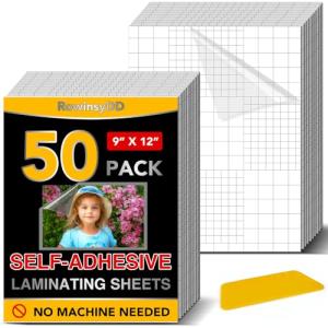 50 Pack Self Adhesive Laminating Sheets, 9 X 12 Inch, Clear Sticker Laminate Sheets Waterproof for Documents, Photos, No Machine Needed Heatless Durable