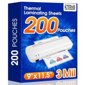 KTRIO 200 Pack Laminating Sheets, Hold 8.5 x 11 Inches, 3 Mil Thermal Laminating Pouches, 9 x 11.5 Laminate Sheets for Laminator, Clear Lamination Sheet Paper, Letter Size, Office School Home Supplies