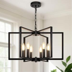 Black Farmhouse Chandelier, 6 Light Geometric Dining Room Light Fixture, Modern Industrial Metal Ceiling Light Rustic Hanging Pendant Lights with E12 base for Kitchen Island Entryway Foyer, Indoor