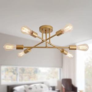 MEIXISUE Gold Modern Sputnik Chandelier Ceiling Light Fixtures,6-Lights Industrial Metal Semi Flush Mount Ceiling Light for Bedroom Dining Room Living Room Kitchen Hallway UL Listed