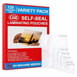 10mil Self-Adhesive Cold Laminating Sheets (120 Variety Count) Letter, Photo, Card, Notecard, I.D. Badge and Business Card Sizes. No Heat, No Machine needed, Easy Self-Sealing Pouches