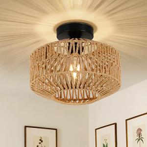 Jobtical Boho Light Fixtures Ceiling Mount,Mini Rattan Chandelier Light Fixture with Dimmable LED Bulb,Hand Woven Ceiling Light Fixtures Flush Mount for Hallway Bedroom Kitchen Entryway Living Room