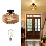 Jobtical Boho Light Fixtures Ceiling Mount,Mini Rattan Chandelier Light Fixture with Dimmable LED Bulb,Hand Woven Ceiling Light Fixtures Flush Mount for Hallway Bedroom Kitchen Entryway Living Room