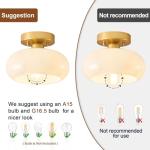 WOKNOS Mid-Century Modern Gold Semi Flush Mount Ceiling Light, Kitchen Ceiling Light Fixture with Glass Shade, Mini White Close to Ceiling Lamp for Entryway Hallway Bathroom (8.66 Inch)