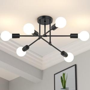 Phaosio Black Sputnik Chandelier 6 Light, 22" Mid Century Modern Ceiling Light Fixture, Industrial Semi Flush Mount for Dining Room Bedroom Kitchen, E26 Base
