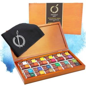 Pinturale Arts Watercolor Set Professional | 24 Richly Pigmented Colors (XL Pans) in Wooden Box | Artist Grade Watercolor Professional Paint Set