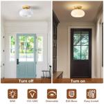 WOKNOS Mid-Century Modern Gold Semi Flush Mount Ceiling Light, Kitchen Ceiling Light Fixture with Glass Shade, Mini White Close to Ceiling Lamp for Entryway Hallway Bathroom (8.66 Inch)