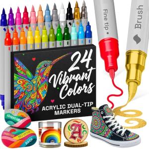 ARTISTRO 24 Acrylic Paint Markers - Paint Pens for Drawing, Brush + Fine Tips - For Fabric, Rock, Glass, Wood, DIY - Art & Craft Supplies for Adults, Teens, Kids - Teacher Appreciation Gift