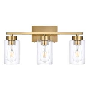 A1A9 3-Light Bathroom Vanity Light, Modern Brushed Gold Wall Lights with Clear Glass Shades, Bathroom Wall Sconce Lamp for Mirror Living Room Bedroom Hallway