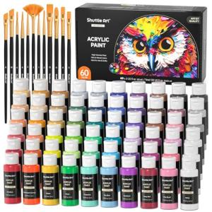 72 Pack Acrylic Paint Set, Shuttle Art 60 Colors Acrylic Paint Including Extra White Black & 12 Brushes, 2oz/60ml, Rich Pigmented, Water Proof, Ideal for Artists, Beginners on Canvas Rock Wood Ceramic