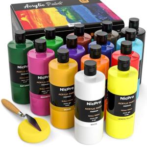 Nicpro 14 Colors Large Bulk Acrylic Paint Set (16.9 oz,500 ml) Rich Art Painting Supplies, Non Toxic for Easter Eggs Rock Canvas Wood Ceramic Leather Fabric Craft, for Adult with Color Wheel