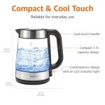 Amazon Basics Electric Kettle with Glass Carafe for Tea and Coffee, BPA-Free, Fast Boiling, Auto Shut-Off, Boil-Dry Protection, Water Level Indicator, 1.7 Liter, 1500W, Black and Silver