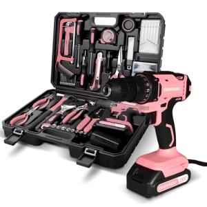 COMOWARE Pink Household Tool Set with 20V Cordless Drill Driver, 120Pcs Hand Tool Kit for Women, Power Drill Set with Plastic Toolbox, Ideal for Office, Garden, DIY Project