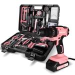 COMOWARE Pink Household Tool Set with 20V Cordless Drill Driver, 120Pcs Hand Tool Kit for Women, Power Drill Set with Plastic Toolbox, Ideal for Office, Garden, DIY Project