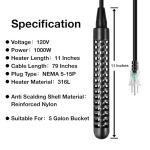 GRILLME 1000W Immersion Water Heater with Intelligent Temperature Controller,Fully Submersible Portable Electric Heater,5 Galons Bucket Heater,100% Waterproof,316L Shell,Easy and Convenient to Use