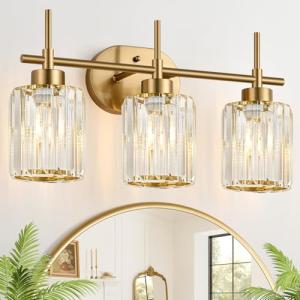 Meybiok Modern Crystal Bathroom Vanity Light, 3-Light Brushed Gold Bathroom Light Fixtures with Clear Shades, Vanity Lighting Fixtures Over Mirror (Exclude Bulb)