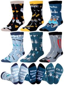 Skicuff 6 Pairs Plumber Socks for Men Novelty Plumbing Worker Crew Socks with Pliers and Screwdriver Patterns Funny Work Accessories, Holiday Gifts for Plumbers