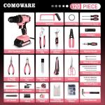 COMOWARE Pink Household Tool Set with 20V Cordless Drill Driver, 120Pcs Hand Tool Kit for Women, Power Drill Set with Plastic Toolbox, Ideal for Office, Garden, DIY Project