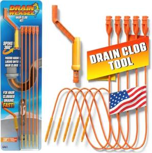 Flexisnake Drain Weasel Hair Clog Remover Kit – Plumbing Snake Auger for Cleaning Shower, Bath Tub, Bathroom Drains with Rotating Handle and 5 Disposable Wands, Made in USA