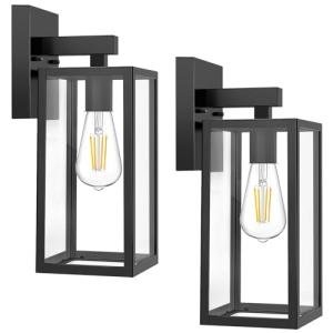 MAXvolador Outdoor Wall Sconce, Exterior Waterproof Wall Lantern Light Fixtures, Black Porch Lights with Toughened Glass Shade, Anti-Rust E26 Socket Front Door Mount Lighting, 2 Pack