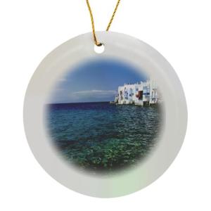 Mykonos Waterfront Circle Porcelain Ornament