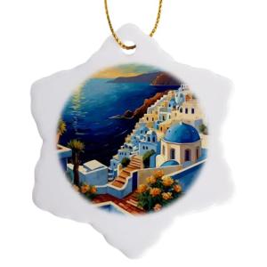 Santorini Sunset Snowflake Ornament - Greece Ocean View