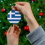 Greek Flag Christmas Ornament - Ceramic Circle Design