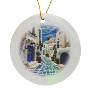Santorini Blue White Mosaic Circle Ornament