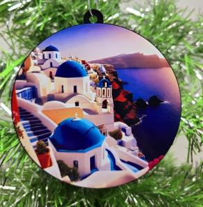 Santorini Blue Domes Sunset Ornament for Travelers