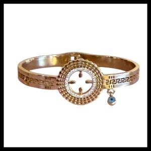 Gold Tone Evil Eye Charm Bangle with Greek Key