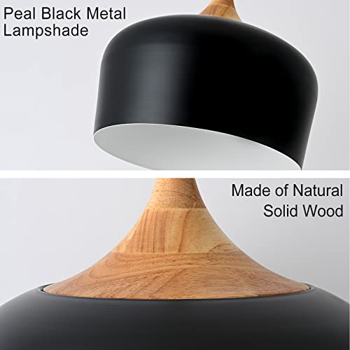 Black Industrial Pendant Light with Adjustable Wood Shade