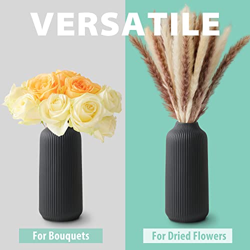 Black Matte Ceramic Ribbed Vase for Pampas Grass